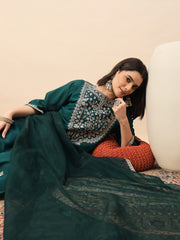 Rama Green Embroidered Kurta Set with Organza Dupatta | Elegant Festive Wear for Women