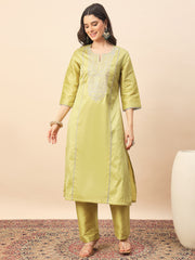 Olive Green Silk Blend Kurta Set with Intricate Embroidery & Straight Pants