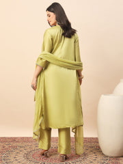 Olive Green Silk Blend Kurta Set with Intricate Embroidery & Straight Pants