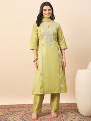Olive Green Silk Blend Kurta Set with Intricate Embroidery & Straight Pants