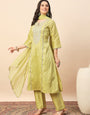 Olive Green Silk Blend Kurta Set with Intricate Embroidery & Straight Pants