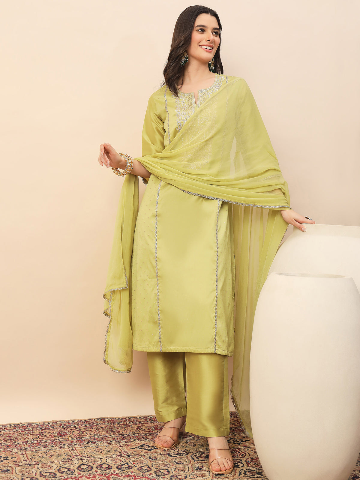 Olive Green Silk Blend Kurta Set with Intricate Embroidery & Straight Pants