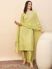 Olive Green Silk Blend Kurta Set with Intricate Embroidery & Straight Pants