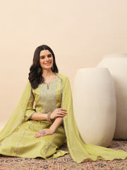 Olive Green Silk Blend Kurta Set with Intricate Embroidery & Straight Pants