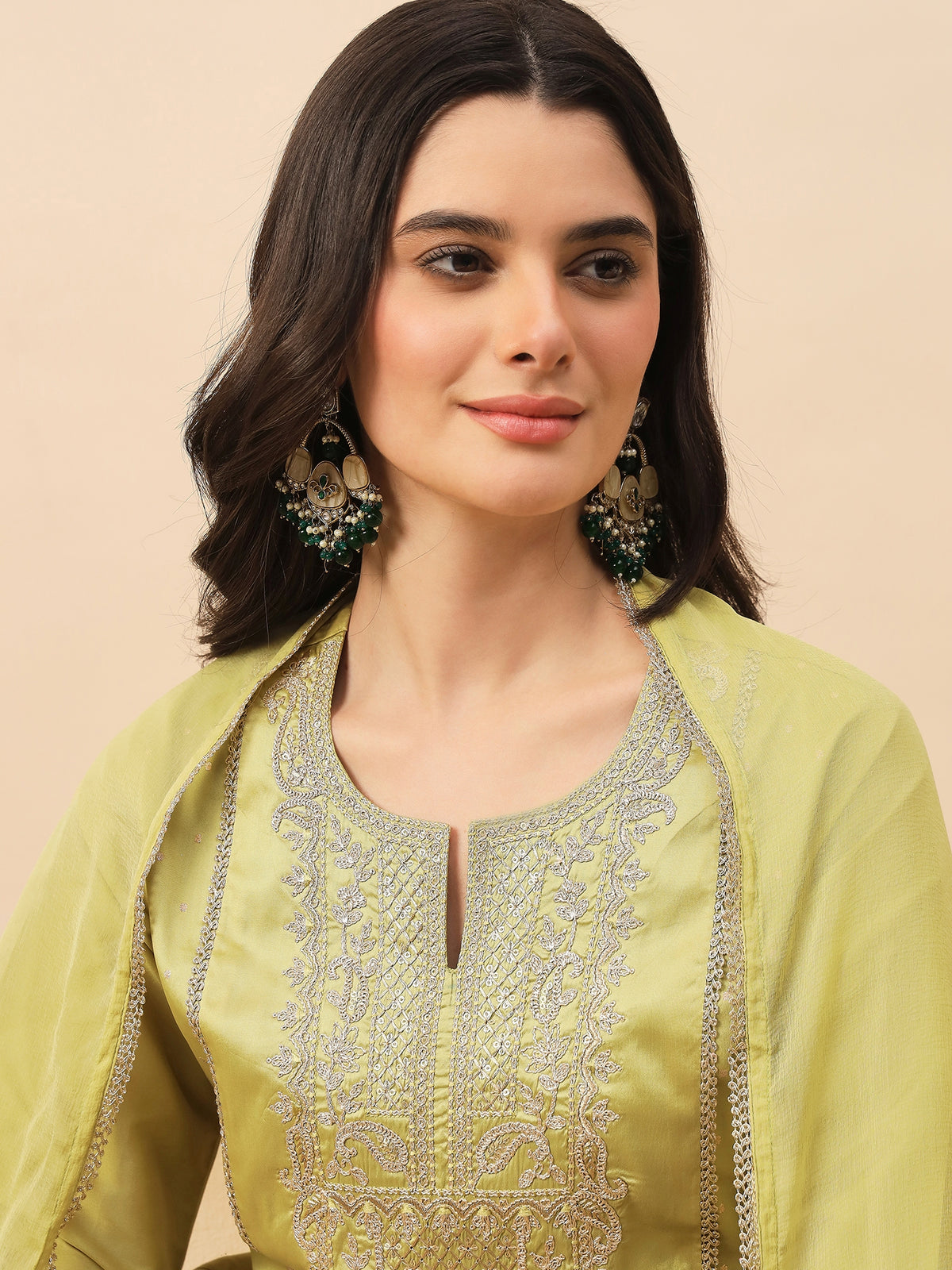 Olive Green Silk Blend Kurta Set with Intricate Embroidery & Straight Pants
