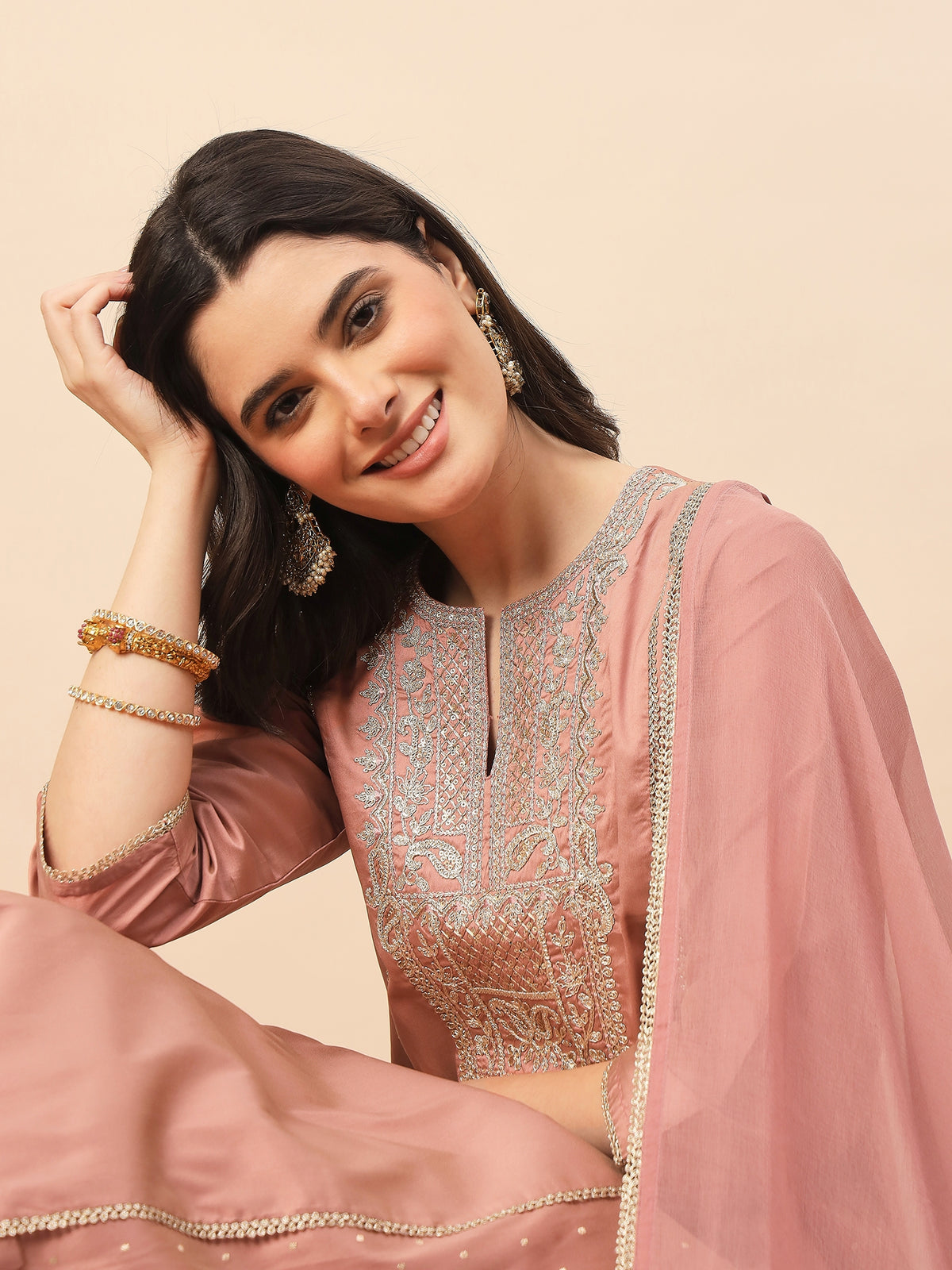 Peach Silk Blend Embroidered Kurta Set with Dupatta & Straight Pants