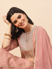 Peach Silk Blend Embroidered Kurta Set with Dupatta & Straight Pants