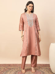 Peach Silk Blend Embroidered Kurta Set with Dupatta & Straight Pants