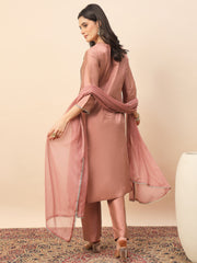 Peach Silk Blend Embroidered Kurta Set with Dupatta & Straight Pants