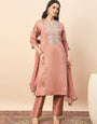 Peach Silk Blend Embroidered Kurta Set with Dupatta & Straight Pants