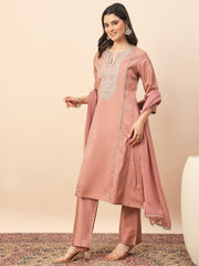 Peach Silk Blend Embroidered Kurta Set with Dupatta & Straight Pants