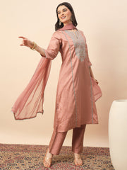 Peach Silk Blend Embroidered Kurta Set with Dupatta & Straight Pants