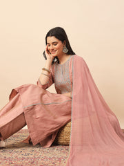 Peach Silk Blend Embroidered Kurta Set with Dupatta & Straight Pants