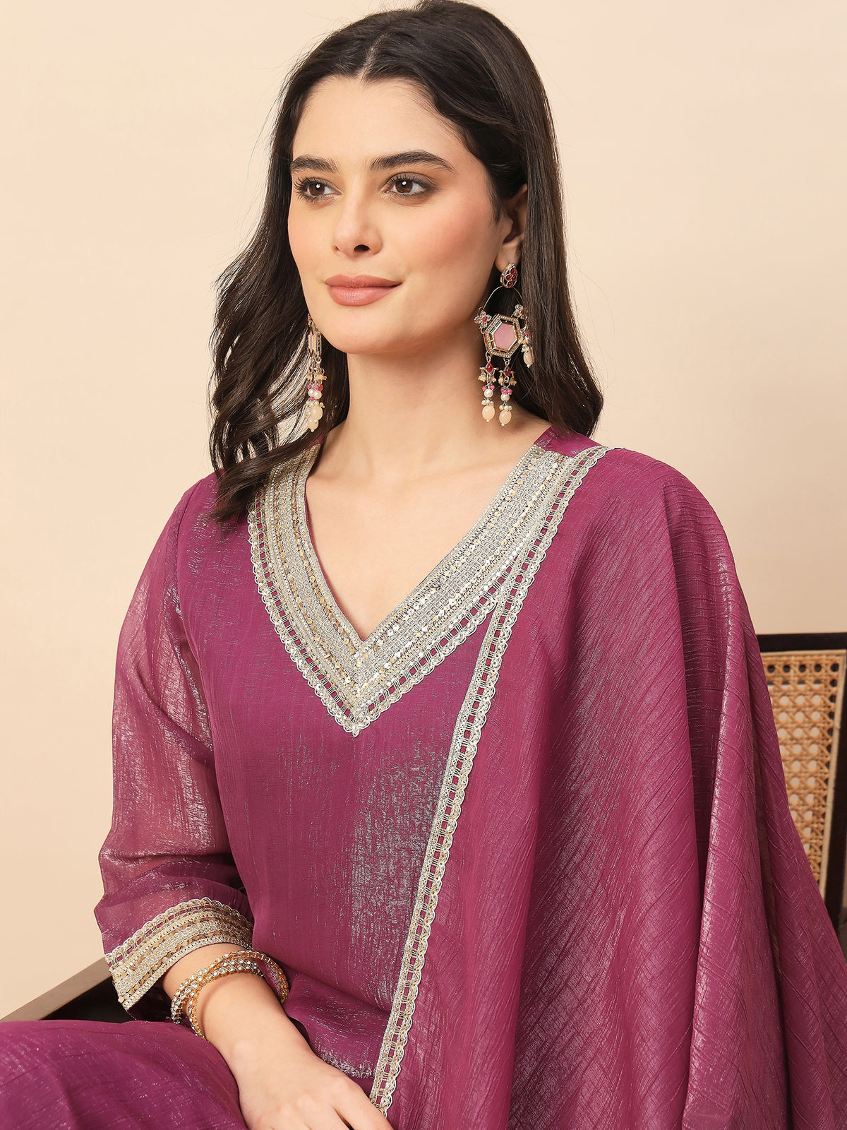 Magenta Shimmer V-Neck Kurta Pant Set with Dupatta for Women