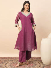 Magenta Shimmer V-Neck Kurta Pant Set with Dupatta for Women