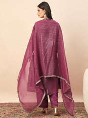Magenta Shimmer V-Neck Kurta Pant Set with Dupatta for Women