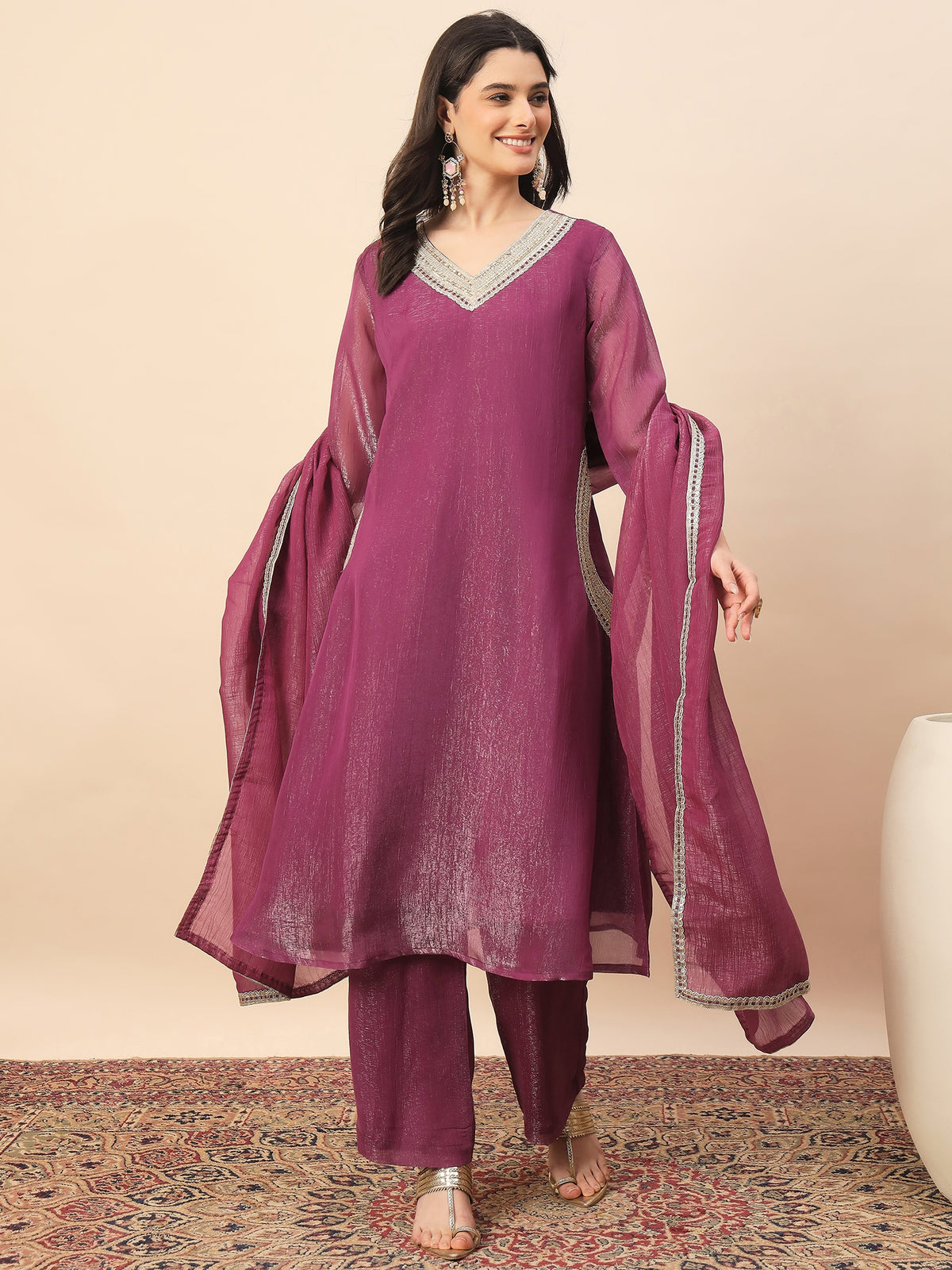 Magenta Shimmer V-Neck Kurta Pant Set with Dupatta for Women
