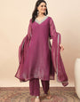 Magenta Shimmer V-Neck Kurta Pant Set with Dupatta for Women