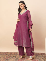 Magenta Shimmer V-Neck Kurta Pant Set with Dupatta for Women