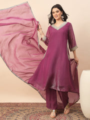 Magenta Shimmer V-Neck Kurta Pant Set with Dupatta for Women