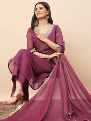 Magenta Shimmer V-Neck Kurta Pant Set with Dupatta for Women