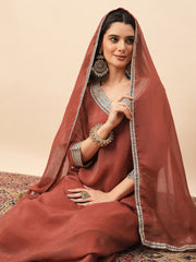 Rust Shimmer V-Neck Kurta Pant Set with Dupatta for Women