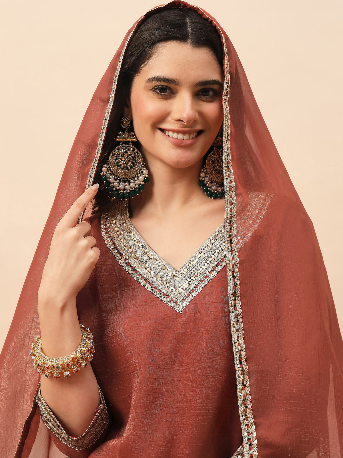 Rust Shimmer V-Neck Kurta Pant Set with Dupatta for Women