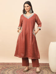 Rust Shimmer V-Neck Kurta Pant Set with Dupatta for Women