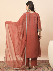 Rust Shimmer V-Neck Kurta Pant Set with Dupatta for Women