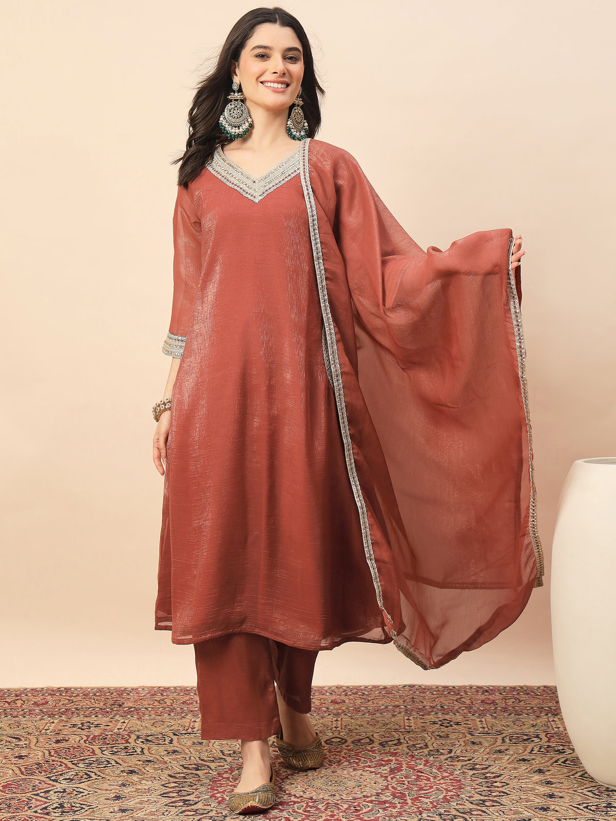Rust Shimmer V-Neck Kurta Pant Set with Dupatta for Women