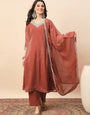 Rust Shimmer V-Neck Kurta Pant Set with Dupatta for Women
