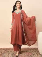 Rust Shimmer V-Neck Kurta Pant Set with Dupatta for Women