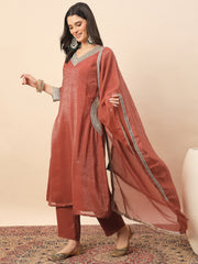 Rust Shimmer V-Neck Kurta Pant Set with Dupatta for Women