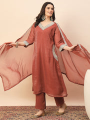 Rust Shimmer V-Neck Kurta Pant Set with Dupatta for Women