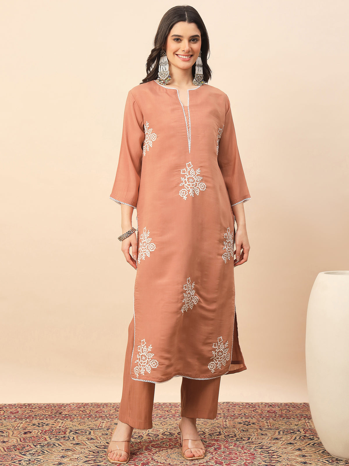 Peach Silk Blend Embroidered Kurta Set with Dupatta for Women | Elegant Festive & Ethnic Wear