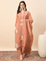 Peach Silk Blend Embroidered Kurta Set with Dupatta for Women | Elegant Festive & Ethnic Wear