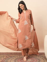 Peach Silk Blend Embroidered Kurta Set with Dupatta for Women | Elegant Festive & Ethnic Wear