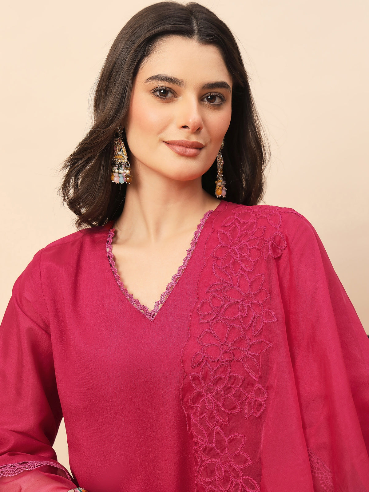 Women's Pink Embroidered Kurta Pant Set with Organza Dupatta | Festive & Party Wear Ethnic Suit