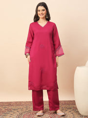 Women's Pink Embroidered Kurta Pant Set with Organza Dupatta | Festive & Party Wear Ethnic Suit