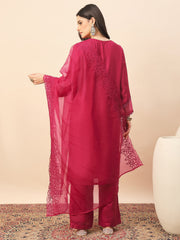 Women's Pink Embroidered Kurta Pant Set with Organza Dupatta | Festive & Party Wear Ethnic Suit