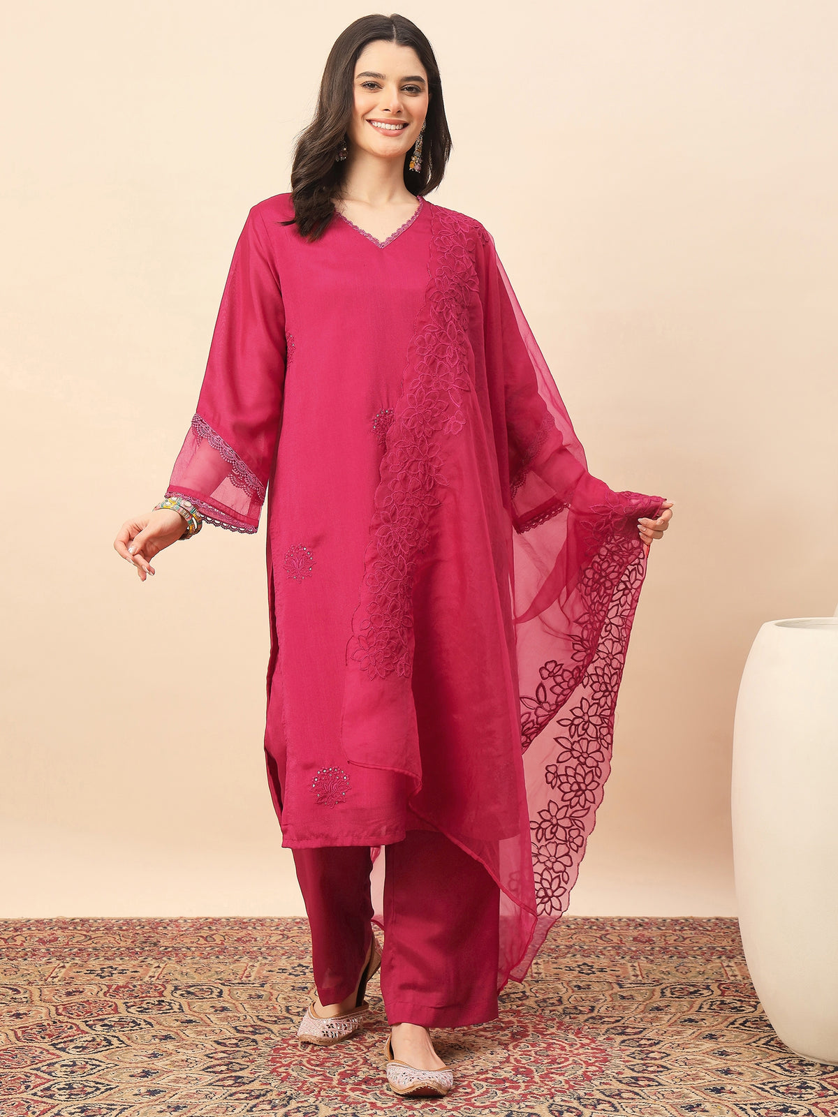 Women's Pink Embroidered Kurta Pant Set with Organza Dupatta | Festive & Party Wear Ethnic Suit