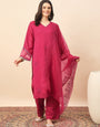 Women's Pink Embroidered Kurta Pant Set with Organza Dupatta | Festive & Party Wear Ethnic Suit