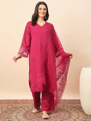 Women's Pink Embroidered Kurta Pant Set with Organza Dupatta | Festive & Party Wear Ethnic Suit