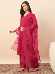 Women's Pink Embroidered Kurta Pant Set with Organza Dupatta | Festive & Party Wear Ethnic Suit