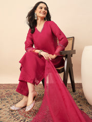 Women's Pink Embroidered Kurta Pant Set with Organza Dupatta | Festive & Party Wear Ethnic Suit