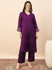 Women's Purple Embroidered Kurta Pant Set with Organza Dupatta | Festive & Party Wear Ethnic Suit