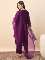 Women's Purple Embroidered Kurta Pant Set with Organza Dupatta | Festive & Party Wear Ethnic Suit