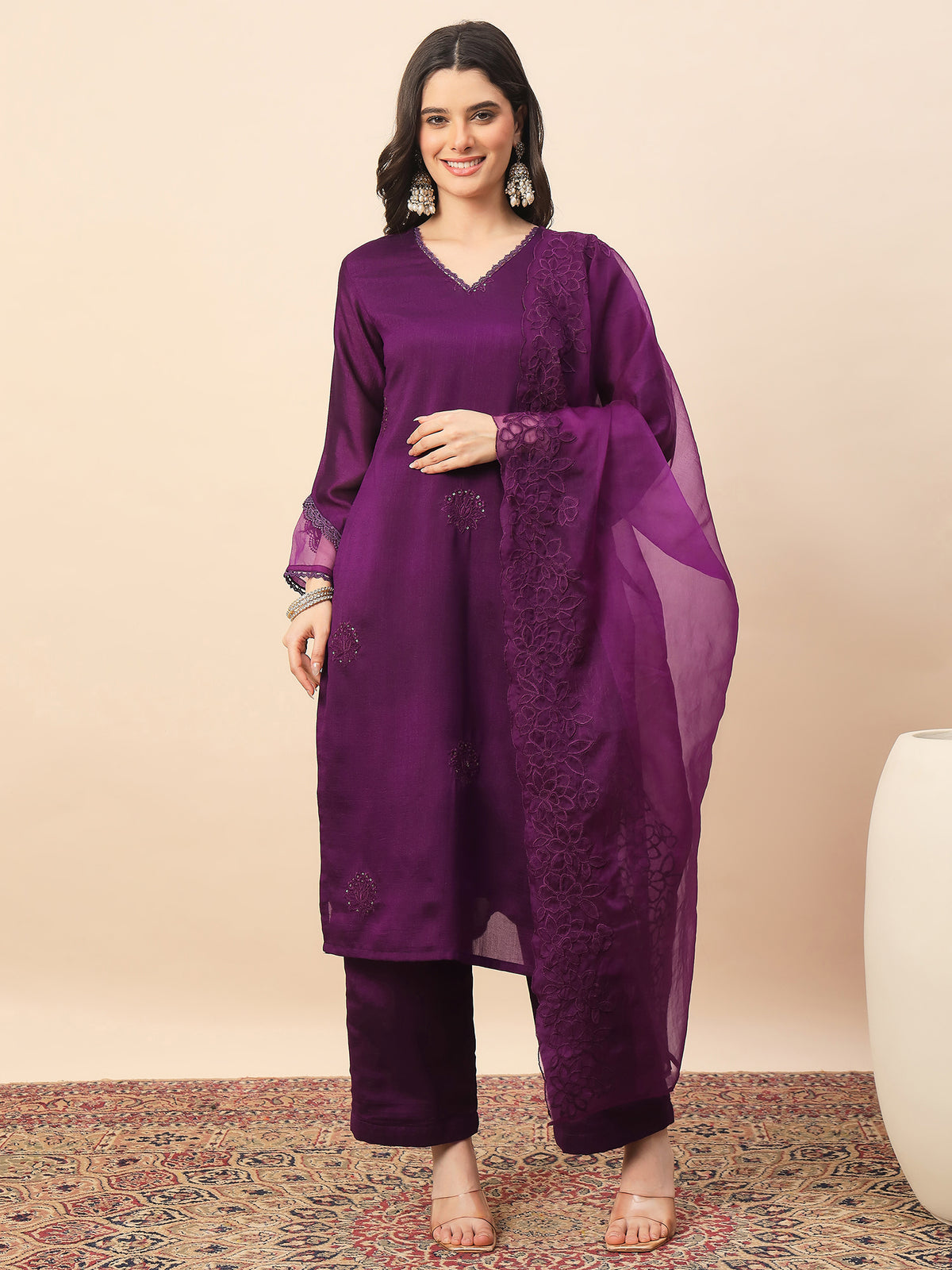Women's Purple Embroidered Kurta Pant Set with Organza Dupatta | Festive & Party Wear Ethnic Suit