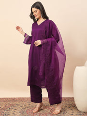 Women's Purple Embroidered Kurta Pant Set with Organza Dupatta | Festive & Party Wear Ethnic Suit