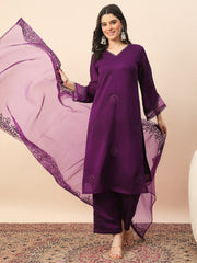 Women's Purple Embroidered Kurta Pant Set with Organza Dupatta | Festive & Party Wear Ethnic Suit